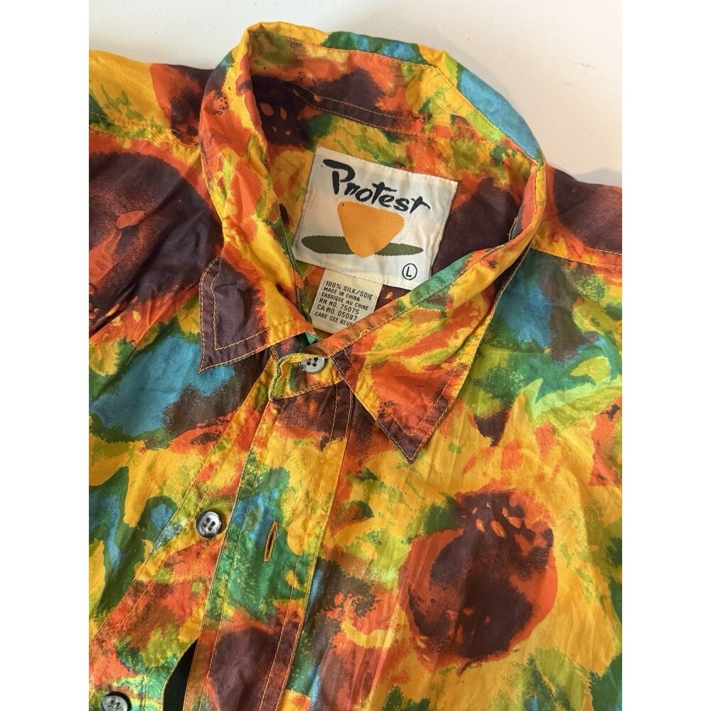 Vintage 90s Protest Silk Shirt Mens L Sunflower Art Floral Abstract Pocket